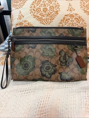 Coach Floral Signature Canvas Wristlet in Green and Brown x large kaffe fassett